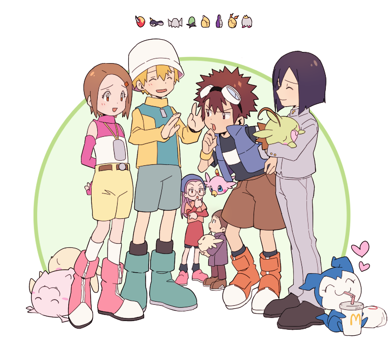 yagami hikari, takaishi takeru, motomiya daisuke, inoue miyako, ichijouji ken, and 7 more (digimon and 2 more) drawn by kooribinu