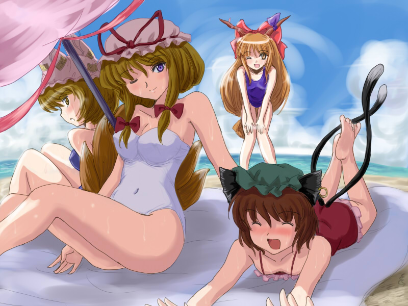 yakumo yukari, yakumo ran, chen, and ibuki suika (touhou) drawn by flx