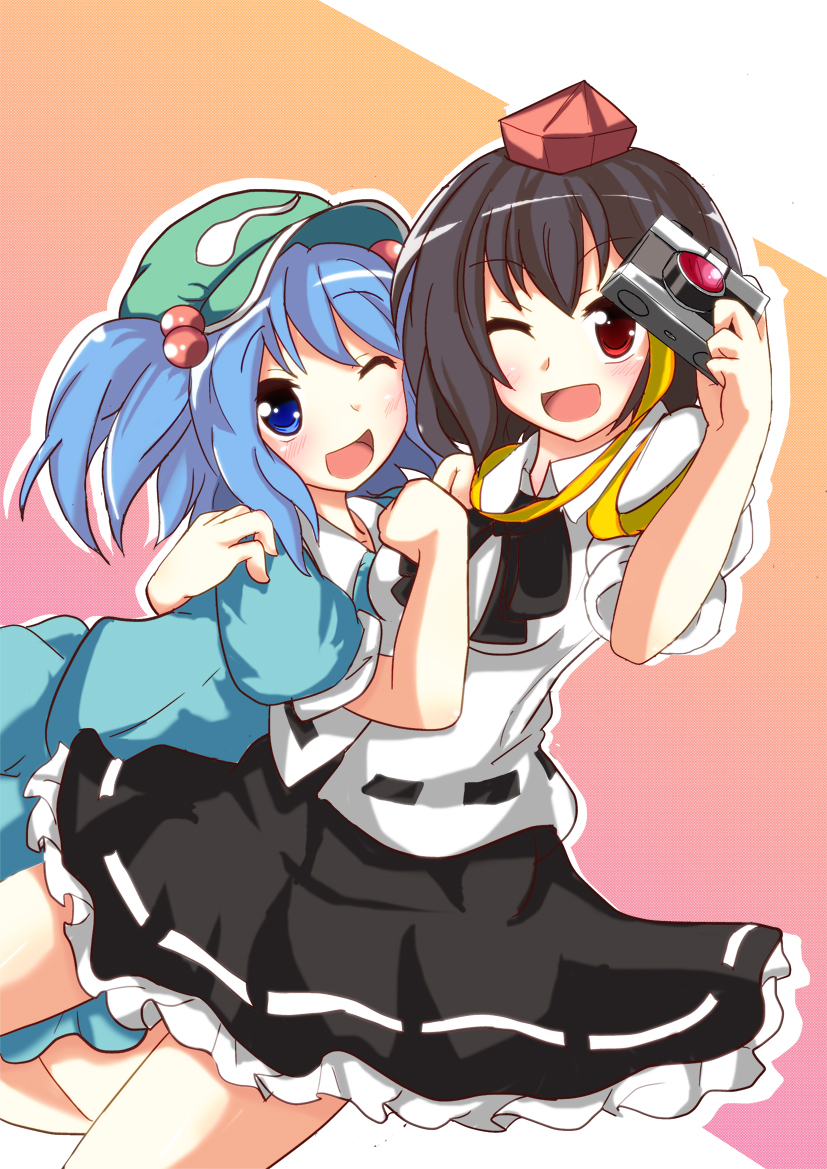 shameimaru aya and kawashiro nitori (touhou) drawn by shiraha_(orega-gandamud)