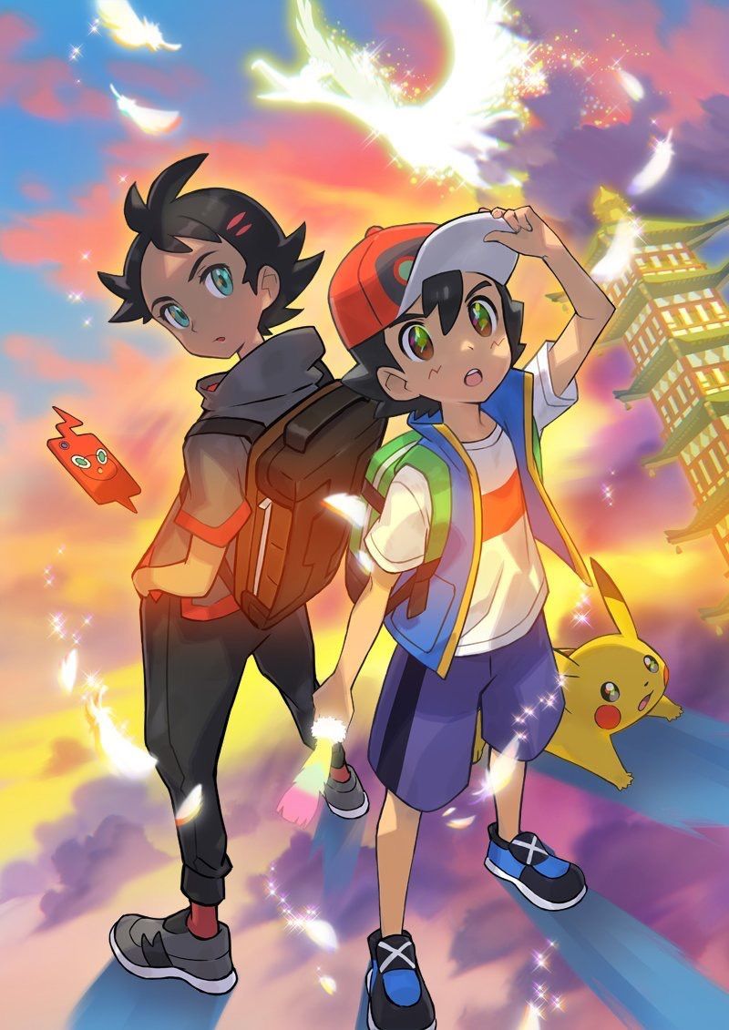 pikachu, ash ketchum, rotom, rotom phone, goh, and 1 more (pokemon and 1 more) drawn by saitou_naoki