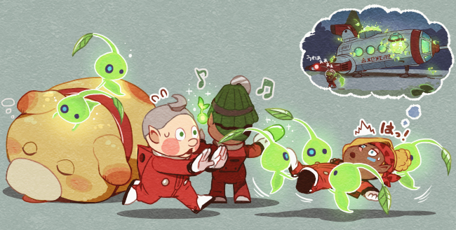 oatchi, shepherd, collin, glow pikmin, and yonny (pikmin and 1 more) drawn by potsupo