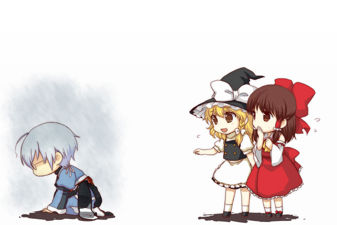 hakurei reimu, kirisame marisa, and morichika rinnosuke (touhou) drawn by suga_(pixiv_34566)