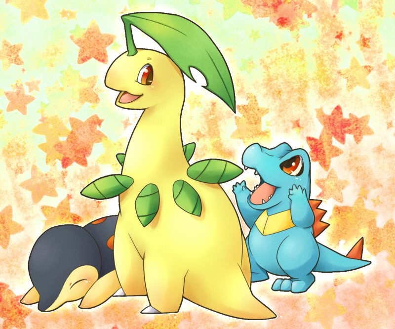 cyndaquil, totodile, and bayleef (pokemon) drawn by honey-cat