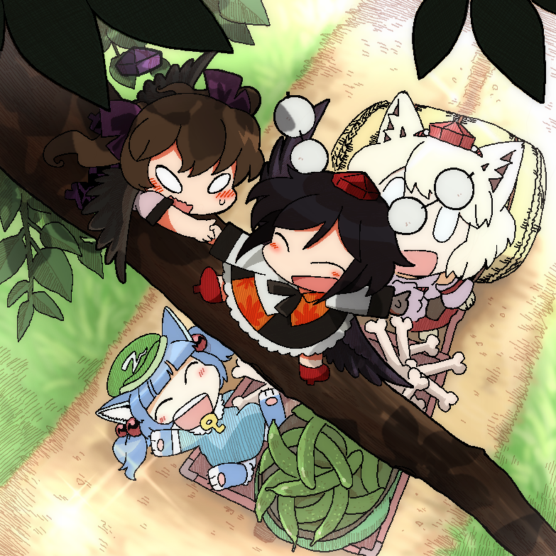 shameimaru aya, inubashiri momiji, kawashiro nitori, and himekaidou hatate (touhou) drawn by bon_(rump)