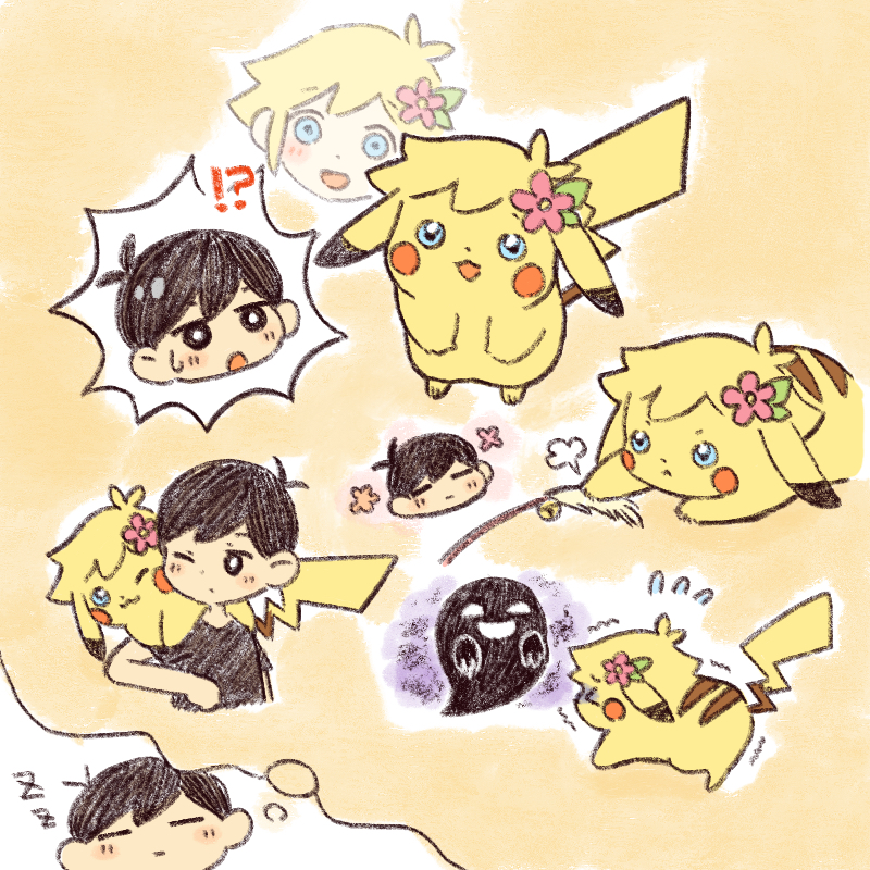 pikachu, sunny, basil, and pokemon tower ghost (pokemon and 1 more) drawn by sun_iiinu