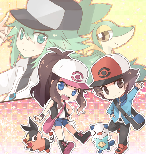 hilda, hilbert, n, oshawott, snivy, and 1 more (pokemon and 1 more) drawn by chocho_(homelessfox)