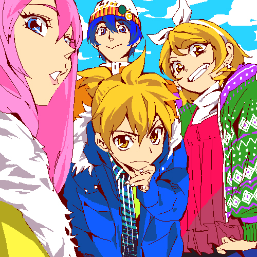 kagamine rin, kagamine len, megurine luka, and kaito (vocaloid) drawn by popqn