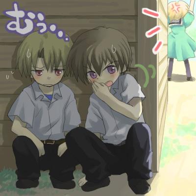 houjou satoko, maebara keiichi, and houjou satoshi (higurashi no naku koro ni)