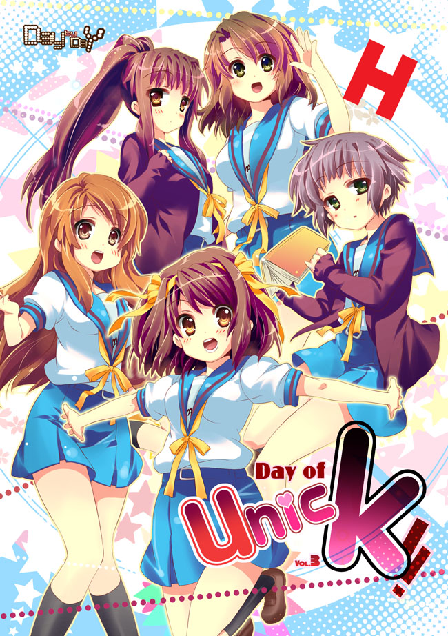 suzumiya haruhi, nagato yuki, asahina mikuru, kyonko, and koizumi itsuki (suzumiya haruhi no yuuutsu) drawn by e-nya