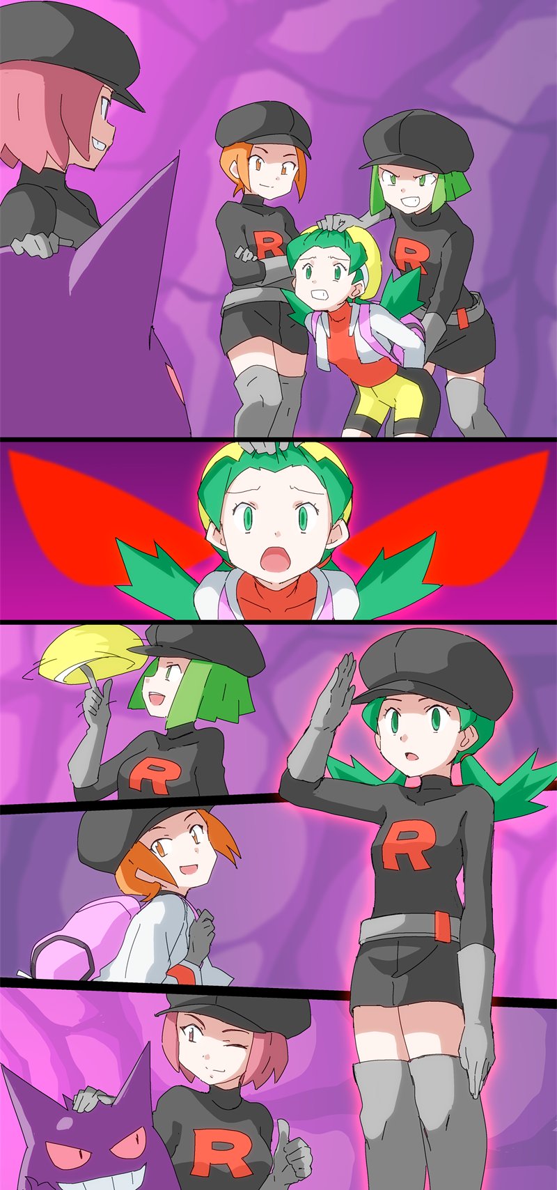 gengar, kris, and team rocket grunt (pokemon and 4 more) drawn by hitsugi_mc