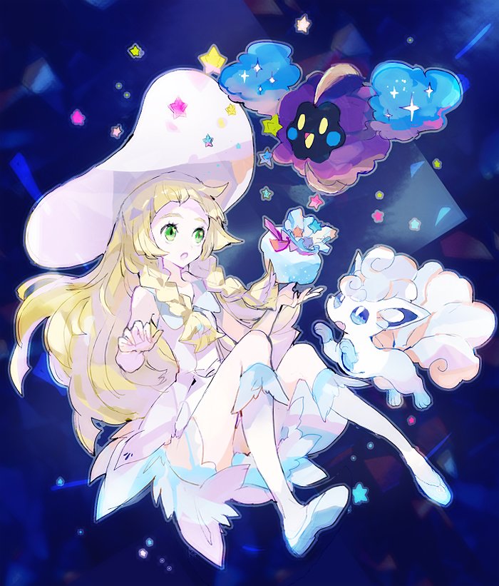lillie, alolan vulpix, and cosmog (pokemon and 1 more) drawn by kantarou_(8kan)