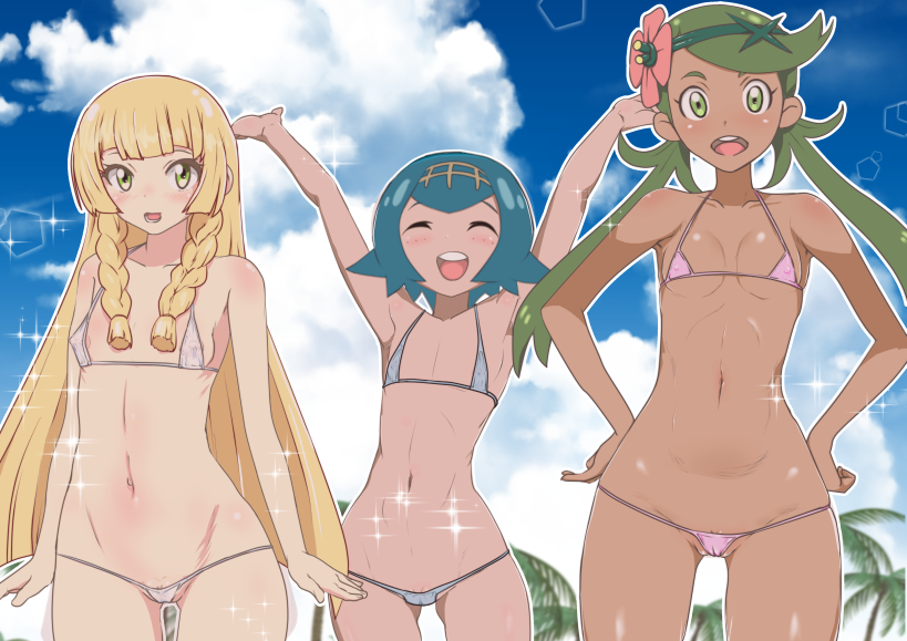 lillie, lana, and mallow (pokemon and 1 more) drawn by kswazza
