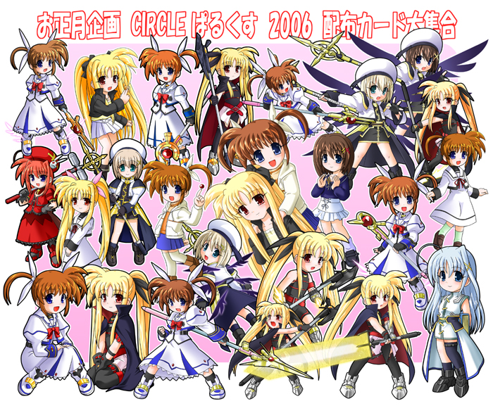 fate testarossa, takamachi nanoha, yagami hayate, raising heart, vita, and 4 more (lyrical nanoha and 2 more) drawn by sumeragi_kou