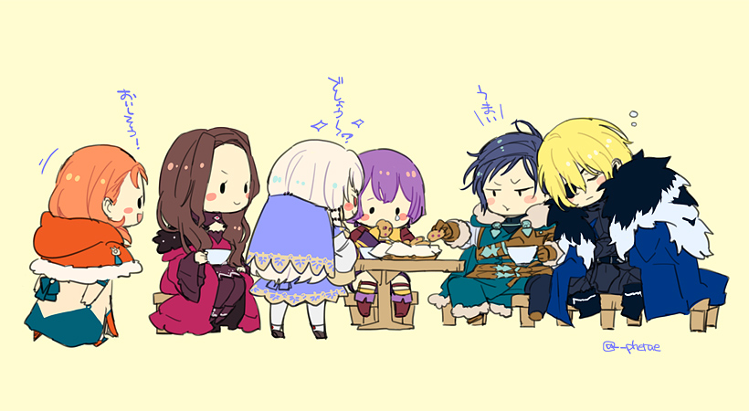 dimitri alexandre blaiddyd, lysithea von ordelia, dorothea arnault, bernadetta von varley, felix hugo fraldarius, and 1 more (fire emblem and 1 more) drawn by guttary