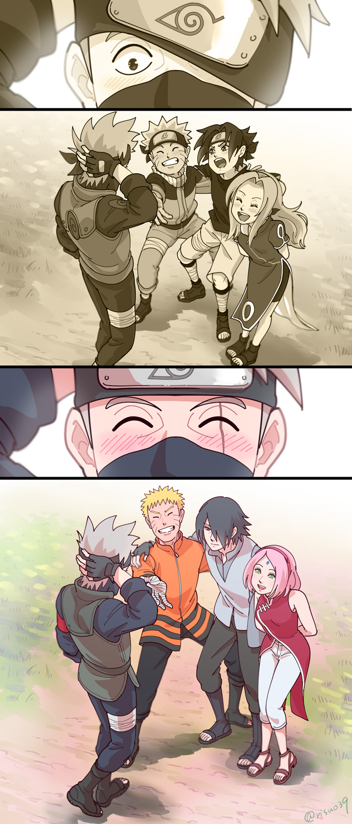 haruno sakura, uzumaki naruto, uchiha sasuke, and hatake kakashi (naruto) drawn by risuo