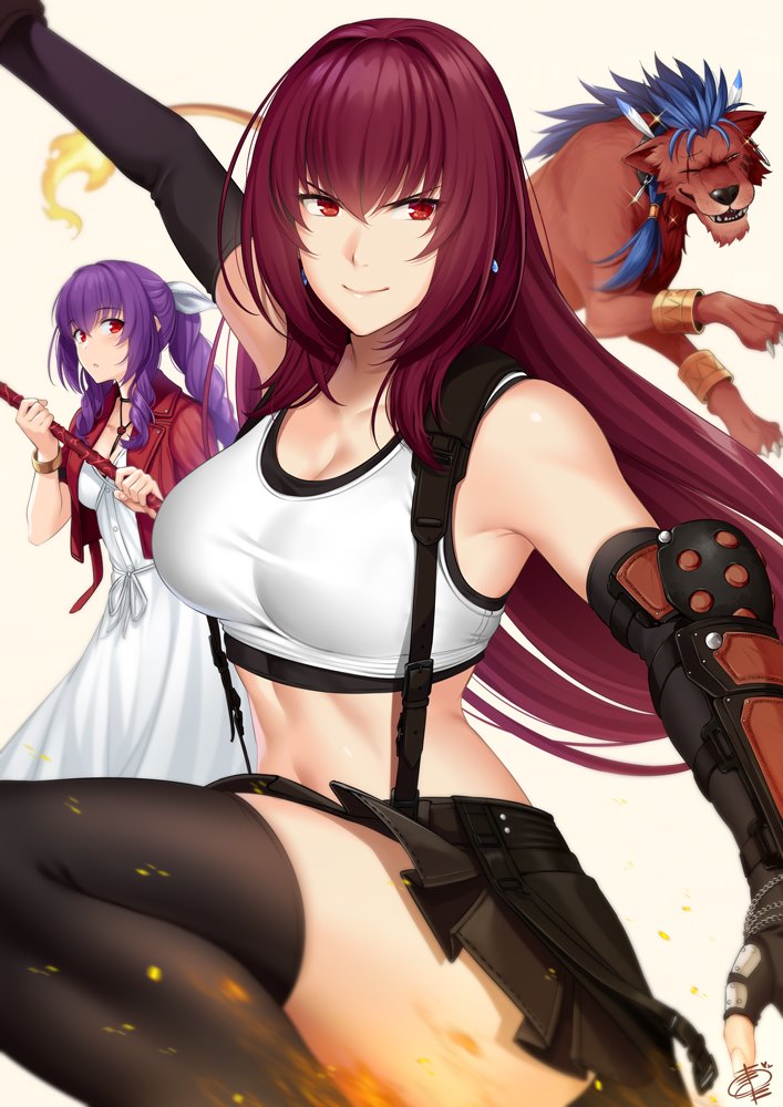 tifa lockhart, scathach, aerith gainsborough, cu chulainn, scathach skadi, and 1 more (fate and 4 more) drawn by okitakung