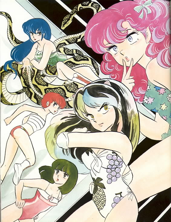 lum, ran, miyake shinobu, fujinami ryuunosuke, and sakura (urusei yatsura) drawn by takahashi_rumiko