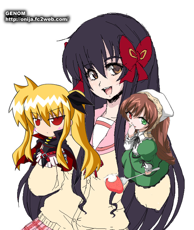 fate testarossa, suiseiseki, and minamoto chikaru (lyrical nanoha and 4 more) drawn by bioroid_hei, kajun, and onija_tarou
