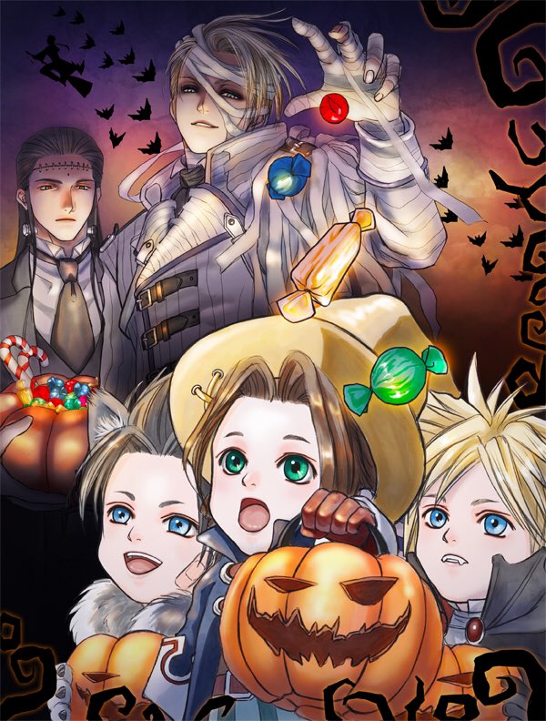cloud strife, aerith gainsborough, zack fair, frankenstein's monster, vivi ornitier, and 3 more (final fantasy and 2 more) drawn by ws_alte