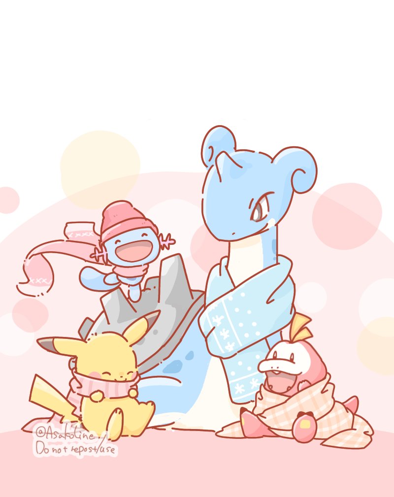 pikachu, fuecoco, lapras, and wooper (pokemon) drawn by asakoline