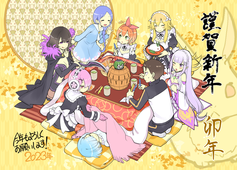 rem, emilia, ram, natsuki subaru, petra leyte, and 5 more (re:zero kara hajimeru isekai seikatsu) drawn by halyou
