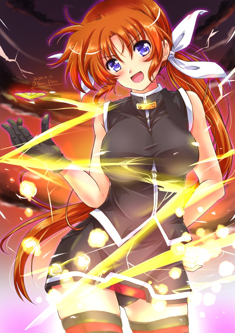 fate testarossa, takamachi nanoha, and bardiche (lyrical nanoha and 1 more) drawn by san-pon