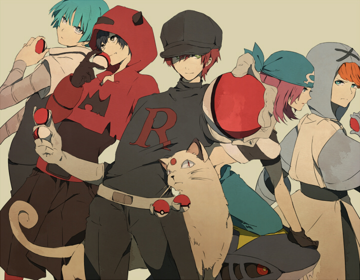 sharpedo, team rocket grunt, persian, team plasma grunt, team magma grunt, and 2 more (pokemon and 4 more) drawn by motune