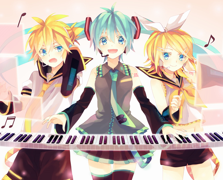hatsune miku, kagamine rin, and kagamine len (vocaloid) drawn by akiyoshi_(tama-pete)