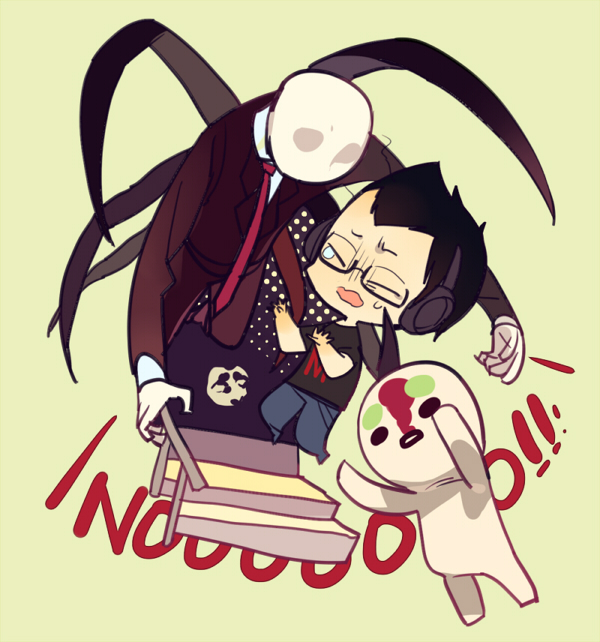 slender man, scp-173, markiplier, and scp-087-1 (real life and 2 more) drawn by jotman