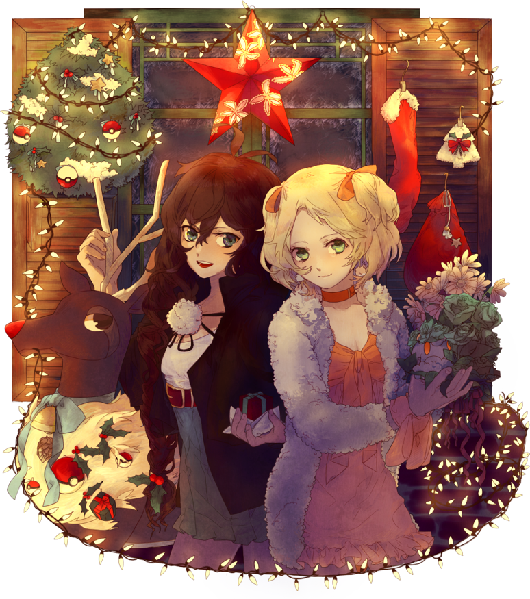 hilda, bianca, cottonee, sawsbuck, and rudolph the red nosed reindeer (pokemon and 1 more) drawn by emje_(uncover)