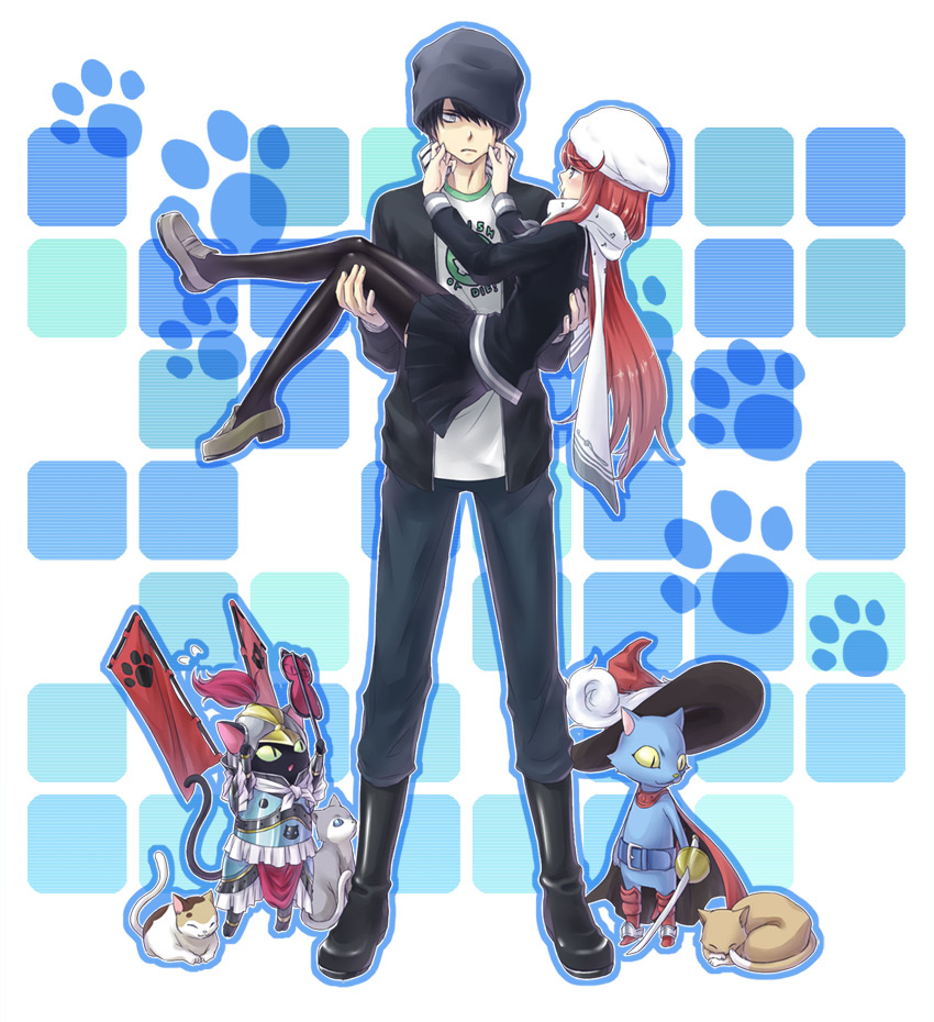 ban airi, torii jungo, neko shogun, and cait sith (devil survivor and 1 more) drawn by oto_nagi