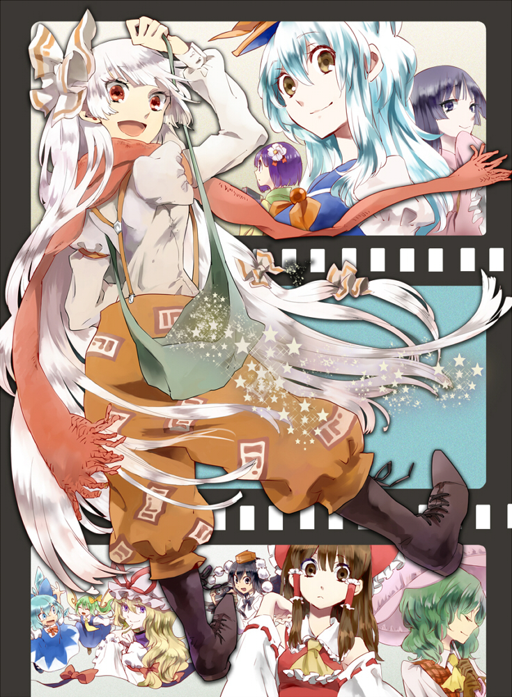 hakurei reimu, cirno, yakumo yukari, shameimaru aya, fujiwara no mokou, and 5 more (touhou) drawn by shinoasa