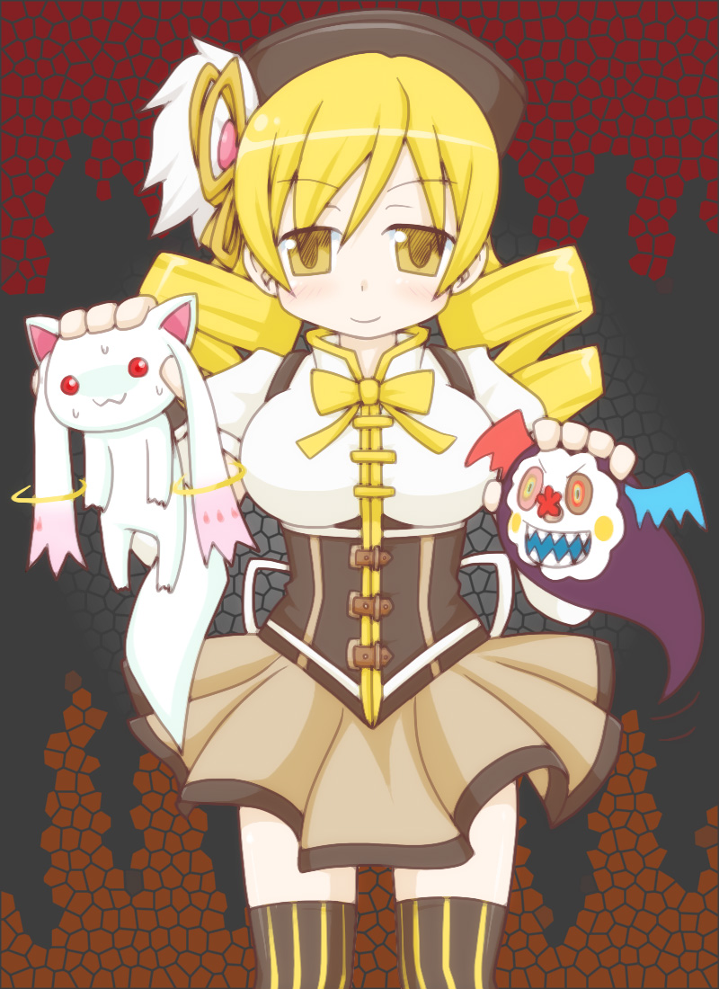 tomoe mami, kyubey, and charlotte (mahou shoujo madoka magica) drawn by maguro32bit
