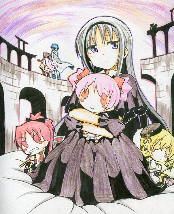 akemi homura, kaname madoka, miki sayaka, sakura kyoko, tomoe mami, and 1 more (mahou shoujo madoka magica and 1 more) drawn by takeshisu