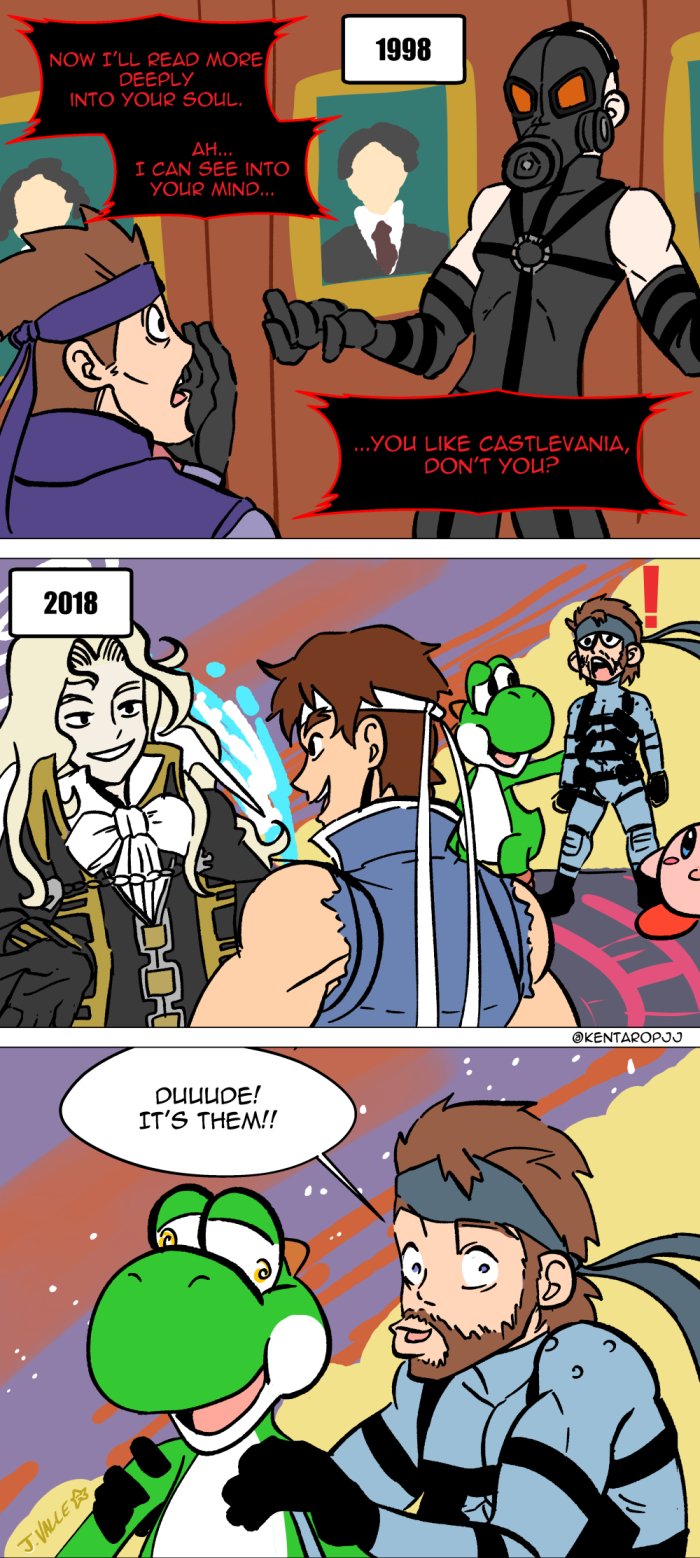 kirby, yoshi, solid snake, richter belmont, alucard, and 1 more (mario and 8 more) drawn by james_valle