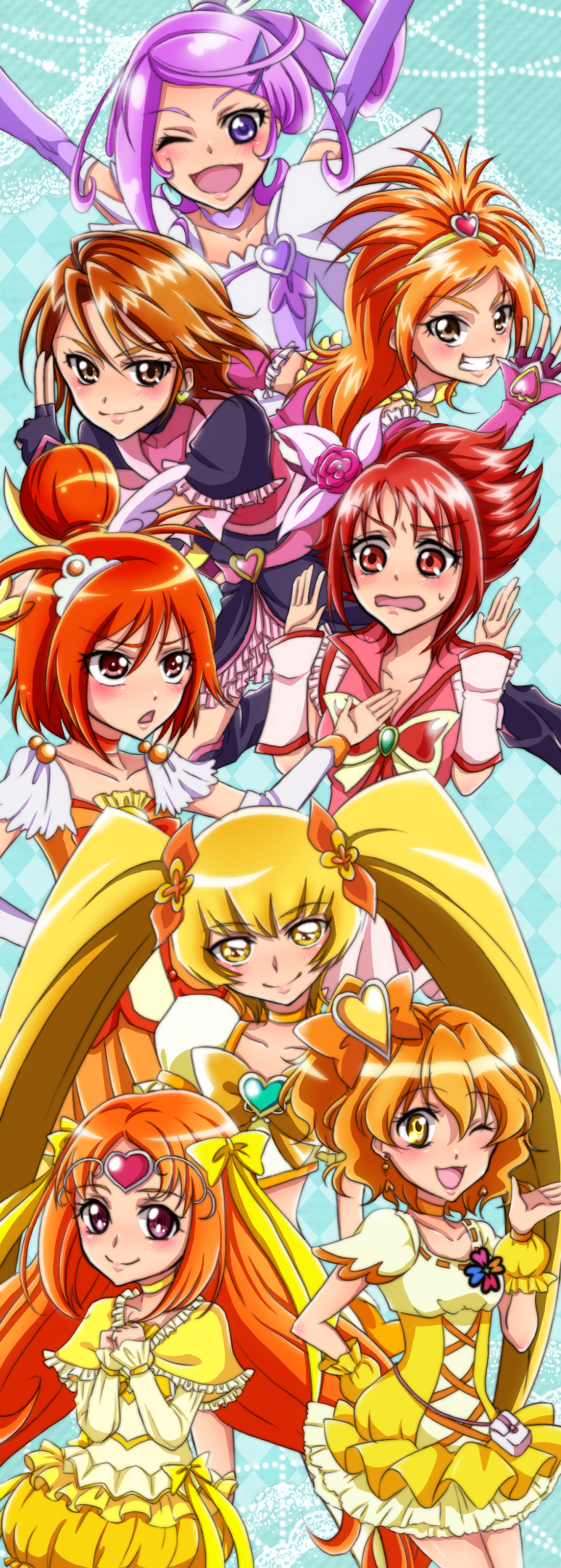 hino akane, misumi nagisa, kenzaki makoto, myoudouin itsuki, cure black, and 11 more (precure and 10 more) drawn by kaminan