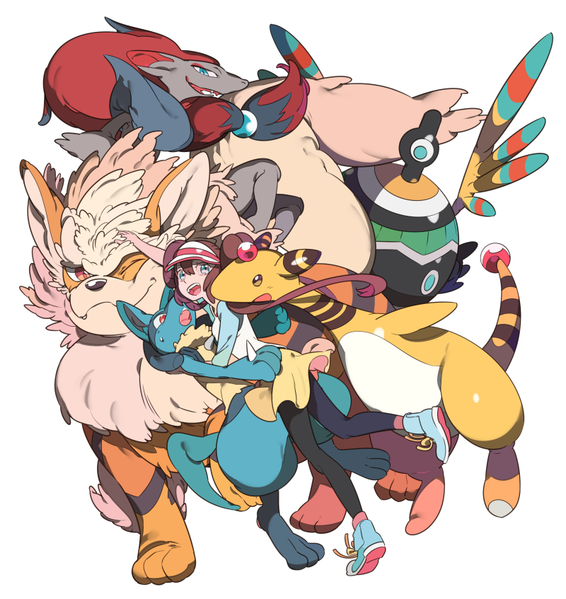 rosa, lucario, arcanine, ampharos, zoroark, and 1 more (pokemon and 1 more) drawn by maruco