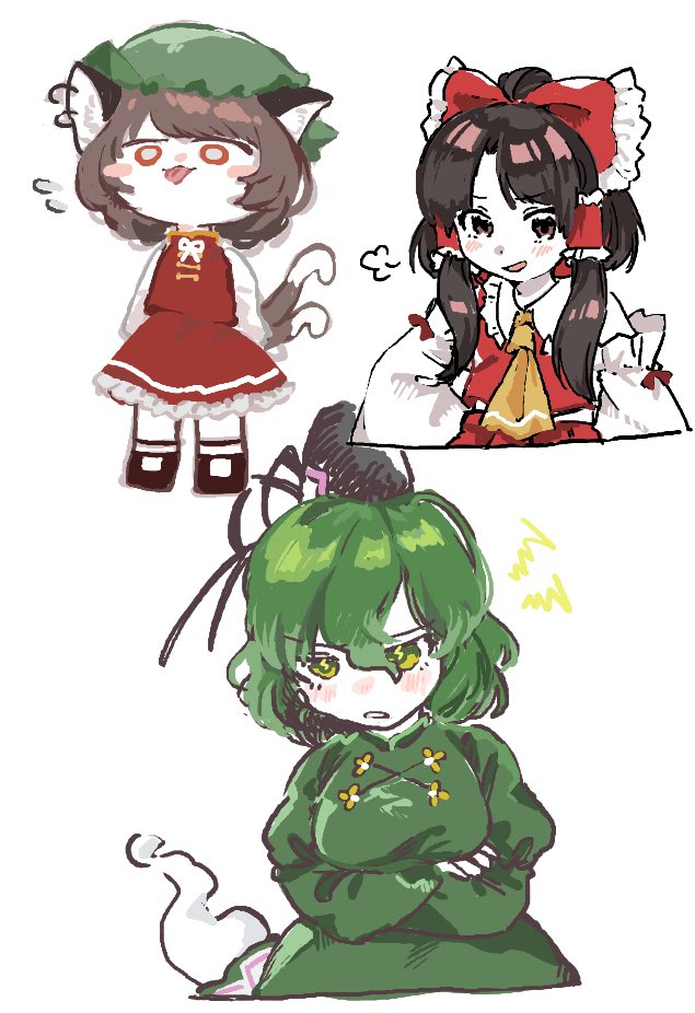 hakurei reimu, chen, and soga no tojiko (touhou) drawn by yagisan1578