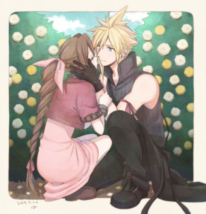 cloud strife and aerith gainsborough (final fantasy and 2 more) drawn by krudears