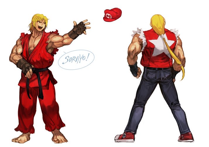 mario, ken masters, and terry bogard (street fighter and 5 more) drawn by hungry_clicker