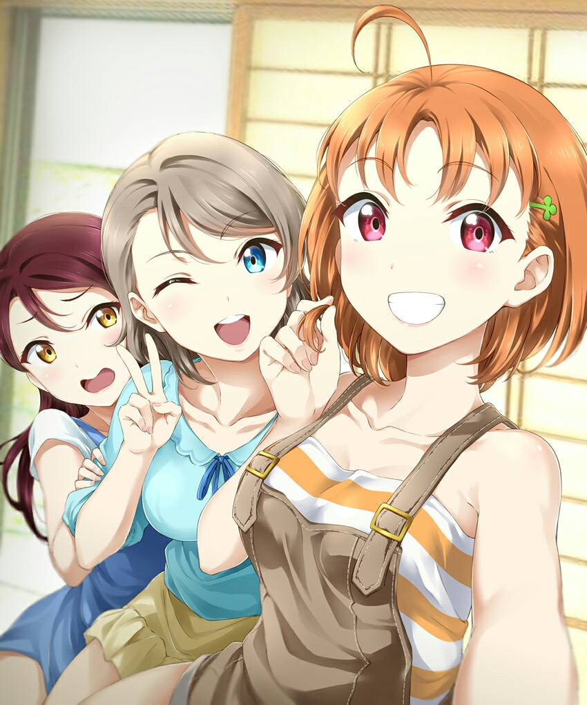 watanabe you, sakurauchi riko, and takami chika (love live! and 1 more) drawn by surfing_orange