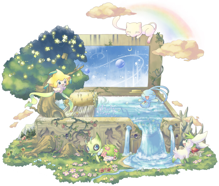 jirachi, mew, celebi, shaymin, and manaphy (pokemon) drawn by ibui_matsumoto