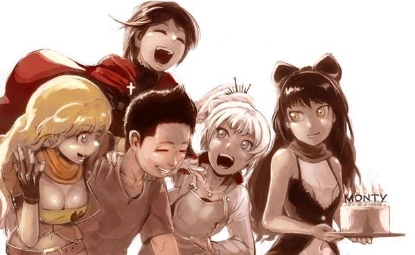 ruby rose, weiss schnee, yang xiao long, blake belladonna, and monty oum (rwby)