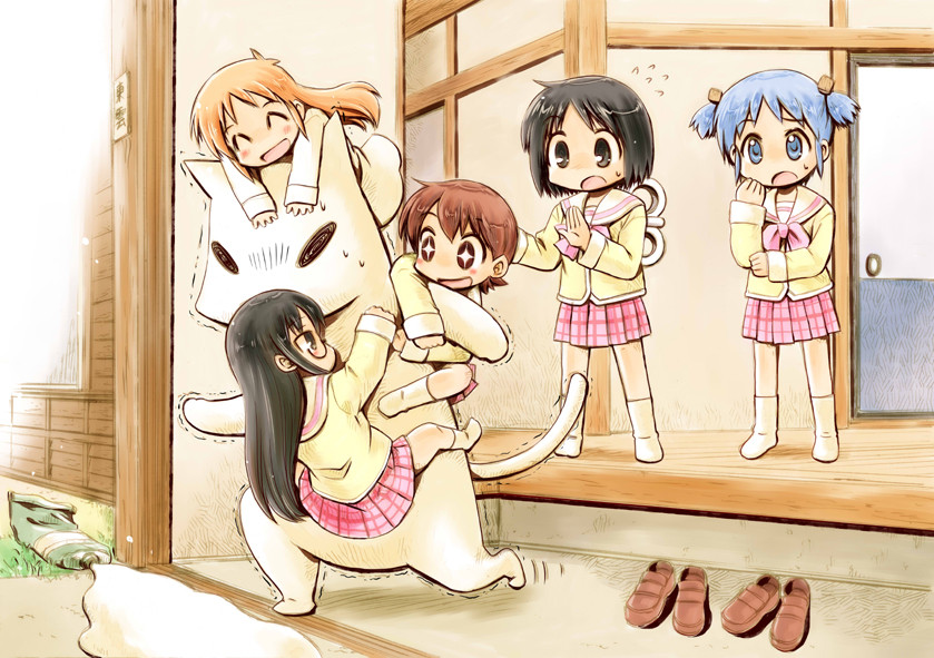shinonome nano, naganohara mio, aioi yuuko, minakami mai, and professor shinonome (nichijou) drawn by naruse