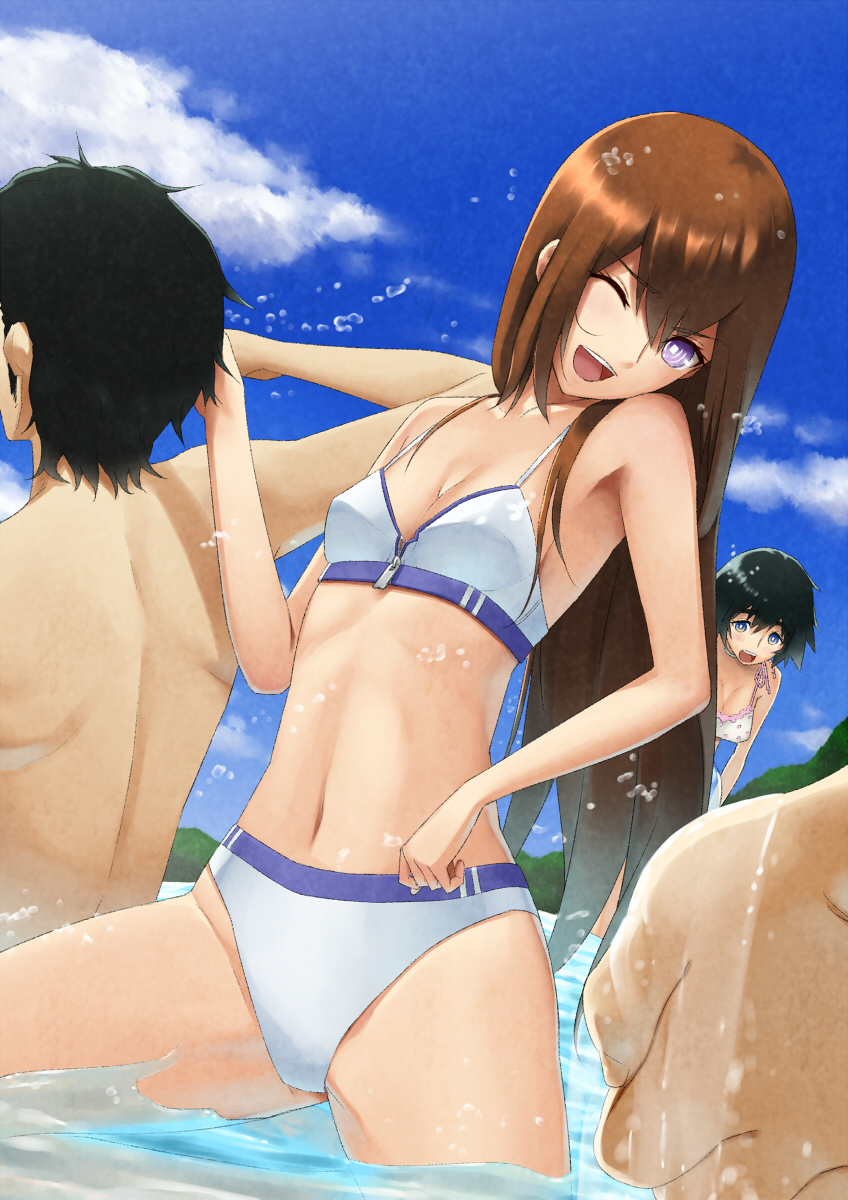 makise kurisu, okabe rintarou, and shiina mayuri (science adventure and 1 more) drawn by gonoike_biwa