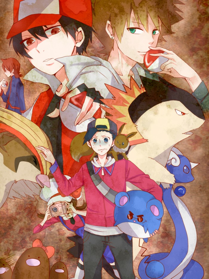 red, eevee, ethan, blue oak, lyra, and 7 more (pokemon and 1 more) drawn by pixiv_2491013