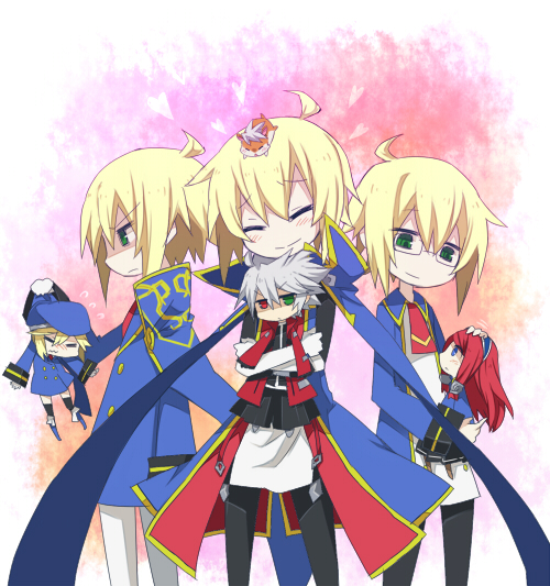 noel vermillion, ragna the bloodedge, jin kisaragi, and tsubaki yayoi (blazblue) drawn by rate_(aok1)