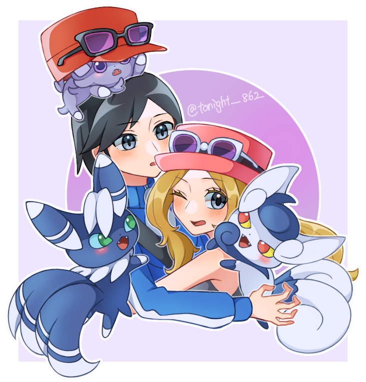 serena, calem, espurr, and meowstic (pokemon and 1 more) drawn by rain_(tonight_862)