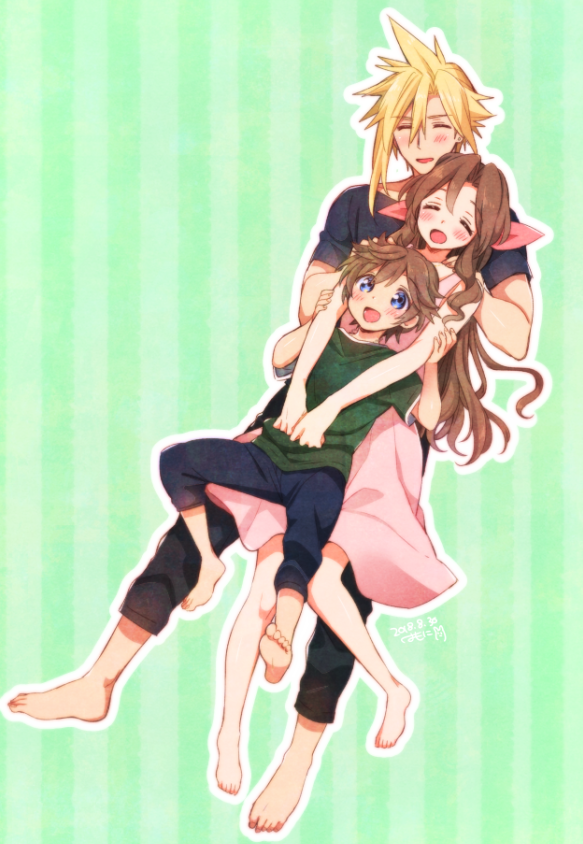 cloud strife, aerith gainsborough, and denzel (final fantasy and 2 more) drawn by krudears