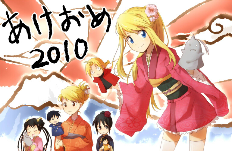 edward elric, alphonse elric, winry rockbell, riza hawkeye, roy mustang, and 3 more (fullmetal alchemist) drawn by riru
